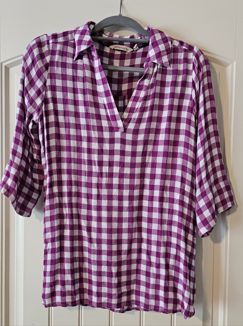 Soft Surroundings Purple and White Plaid V-Neck Shirt, Size M